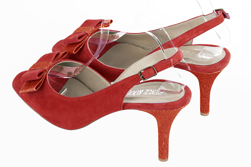 Scarlet red women's slingback sandals. Round toe. High slim heel. Rear view - Florence KOOIJMAN